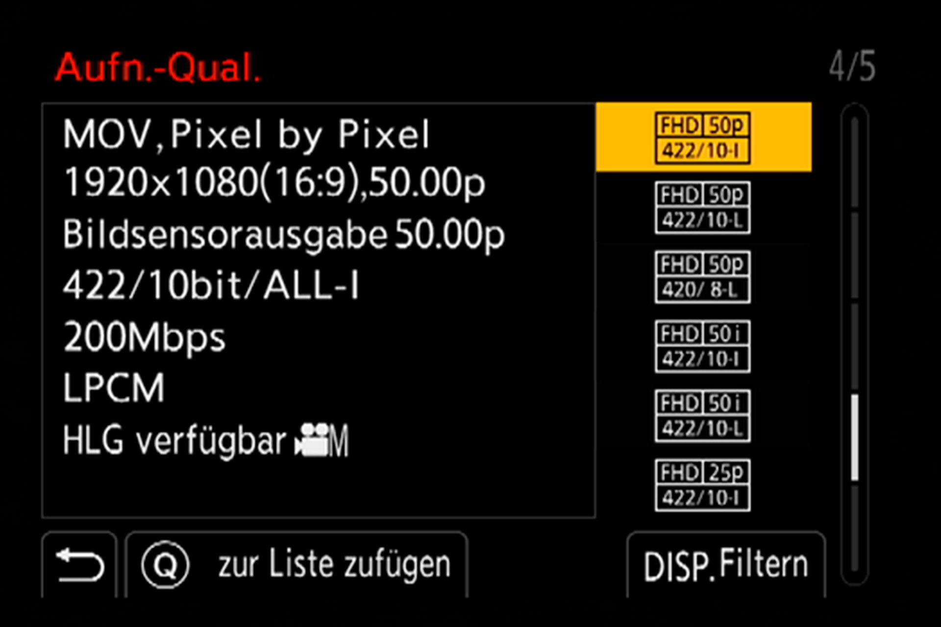 Untermenü, Aufnahmequalität, Seite 4 von 5